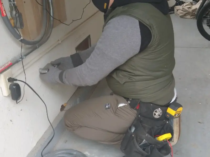 Electrician performing outlet wiring in a Pampa garage